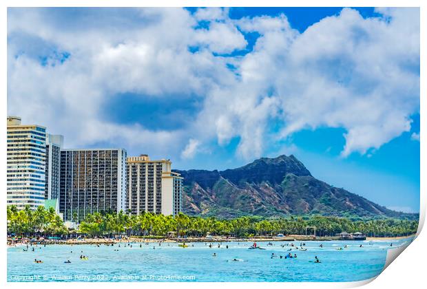 Colorful Waikiki Beach Surfers Swimmers Diamond Head Honolulu Ha Print by William Perry