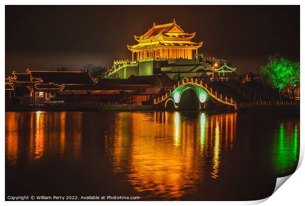Ancient Dragon Pavilion Night Reflection Kaifeng China Print by William Perry