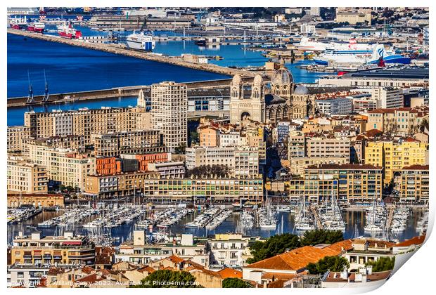 Cityscape Harbors Ships Cathedral Apartment Buildings Marseille  Print by William Perry