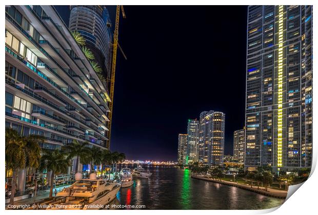 Miami River Night Water Reflections Downtown Florida Print by William Perry