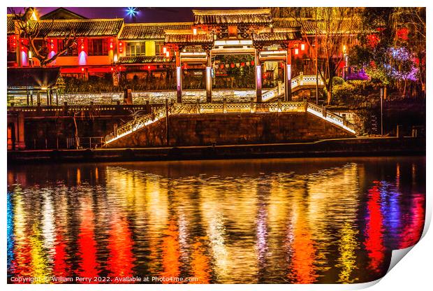 Chinese Gate Grand Canal Illuminated NIght Reflection Hangzhou Z Print by William Perry