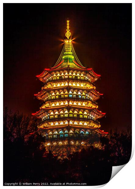 Ancient Lei Feng Pagoda Night West Lake Hangzhou Zhejiang China Print by William Perry