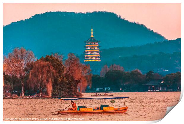 Leifeng Pagoda Boats West Lake Hangzhou Zhejiang China Print by William Perry