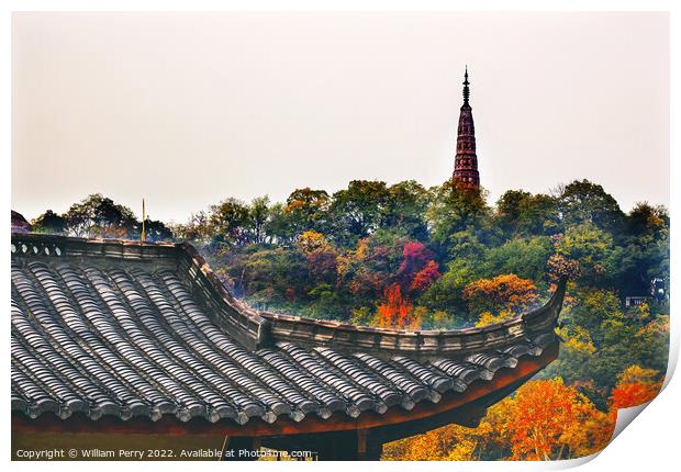 Ancient Tiled Roof Baochu Pagoda West Lake Hangzhou Zhejiang Chi Print by William Perry
