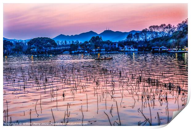 Boats Reflection Sunset West Lake Hangzhou China Print by William Perry