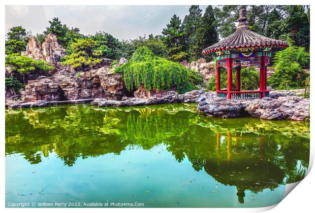 Red Pavilion Garden Pond Temple of Sun Beijing China Print by William Perry