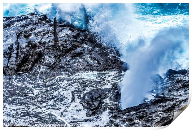 Colorful Halona Lava Blowhole Ocean Spray Honolulu Oahu Hawaii Print by William Perry