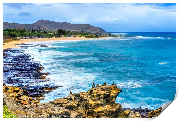Colorful Cairns Rock Piles Ocean Sandy Beach Honolulu Hawaii Print by William Perry