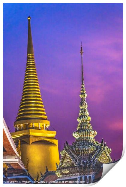 Sunset Stupas Towers Old Temple Grand Palace Bangkok Thailand Print by William Perry