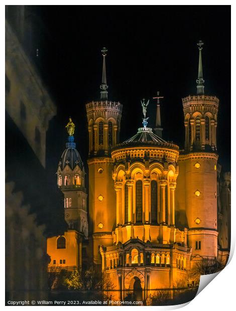 Basilica of Notre Dame Illuminated Outside From Downtown Lyon Fr Print by William Perry