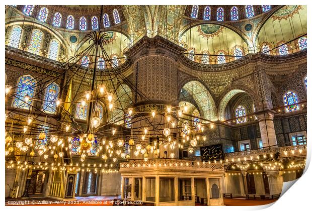 Blue Mosque Minbar Mihrab Lights Basilica Domes Istanbul Turkey Print by William Perry
