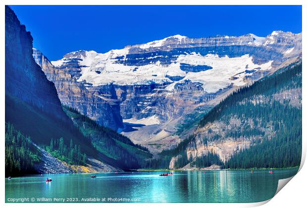 Lake Louise Canoes Snow Mountains Banff National Park Alberta Ca Print by William Perry