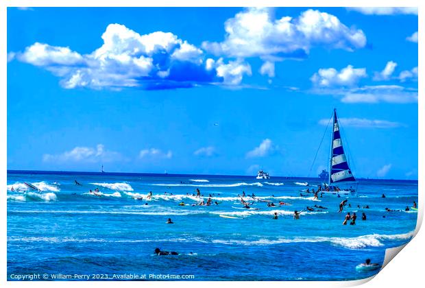 Colorful Sailboat Surfers Swimmers Waikiki Beach Honolulu Hawaii Print by William Perry