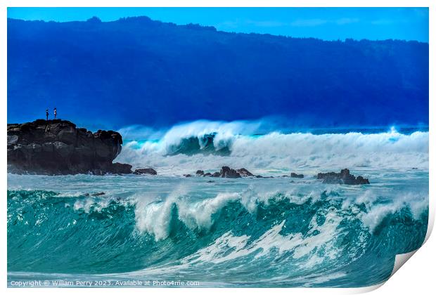 Watching Large Waves Rocks Waimea Bay North Shore Oahu Hawaii Print by William Perry