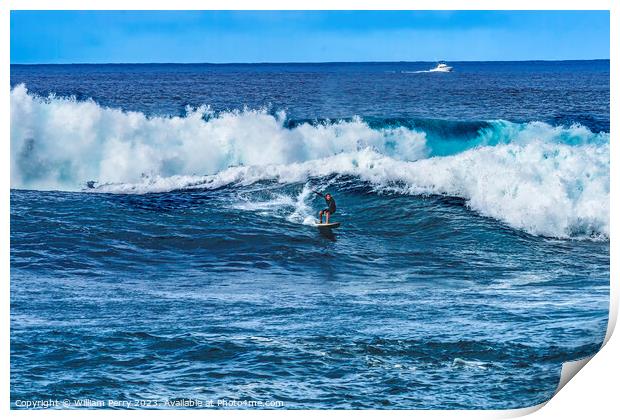 Surfer Large Wave Waimea Bay North Shore Oahu Hawaii Print by William Perry