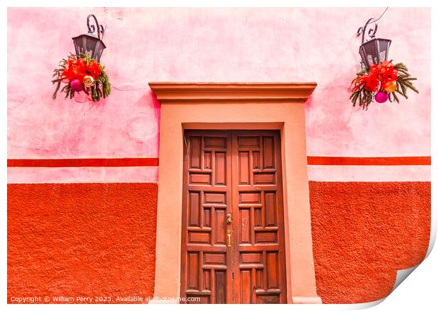 Pink Red Wall Brown Door Christmas San Miguel Allende Mexico Print by William Perry