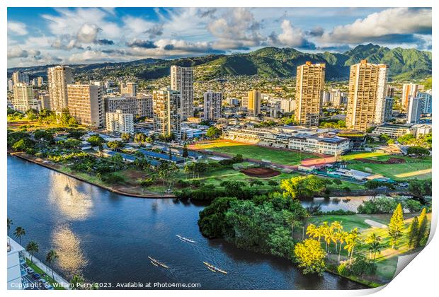 Colorful Canoes Buildings Ala Wai Canal Waikiki Honolulu Hawaii Print by William Perry