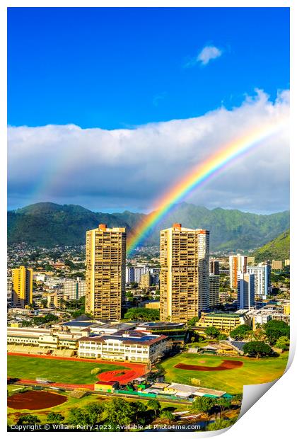 Colorful Double Rainbows Buildings Tantalus Waikiki Honolulu Haw Print by William Perry