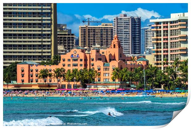 Colorful Hotels Swimmers Surfers Waikiki Beach Honolulu Hawaii Print by William Perry