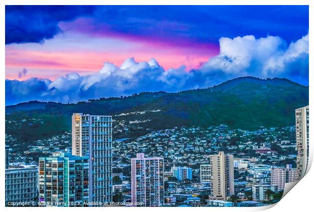 Colorful Pink Sunset Buildings Tantalus Waikiki Honolulu Hawaii Print by William Perry