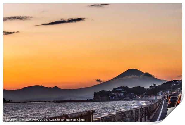Sunset Cars Highway Mt Fuji Sagami Bay Kamakura Kanagawa Japan Print by William Perry