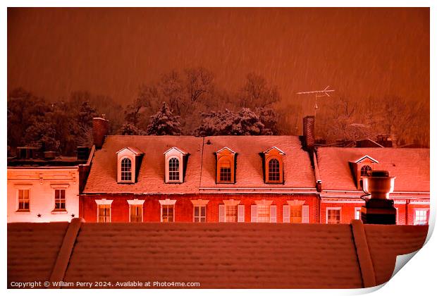 Nightime Snow Georgetown Rooftops in Snowstorm Washington DC  Print by William Perry