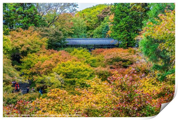 Raining Fall Leaves Tofuku-Ji Buddhist Temple Kyoto Japan Print by William Perry