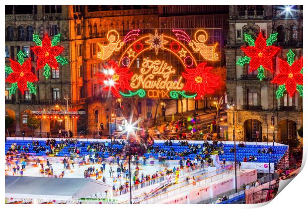 Mexico City Zocalo Christmas Night Ice Skating Rin Print by William Perry
