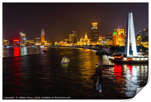 Monument Heroes Huanpu River Bund Night Lights Sha Print by William Perry