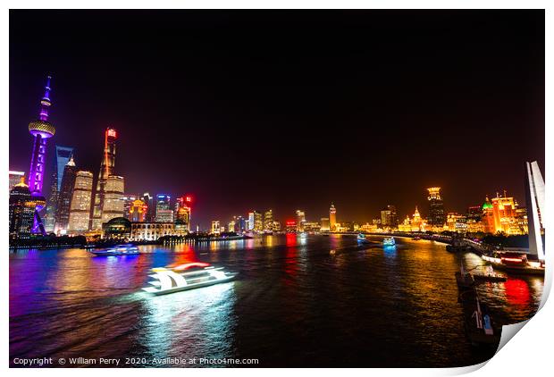 Monument Heroes Huanpu River Bund Night Lights Sha Print by William Perry