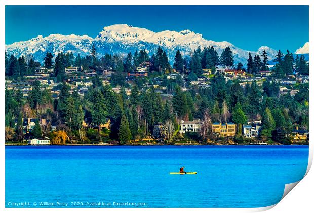 Yellow Canoe Houses Lake Snow Capped Mountains Bel Print by William Perry