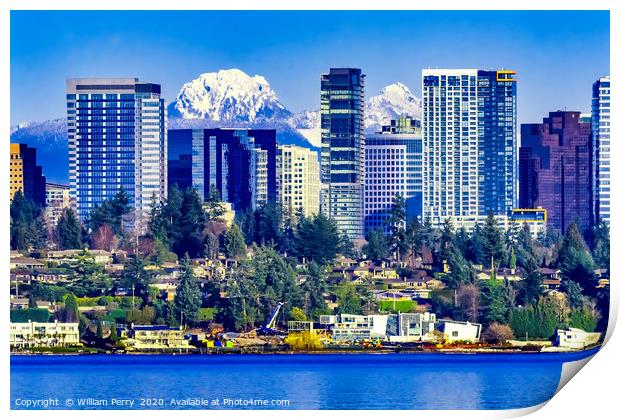 Buildings Lake Washington Snow Mountains Bellevue  Print by William Perry