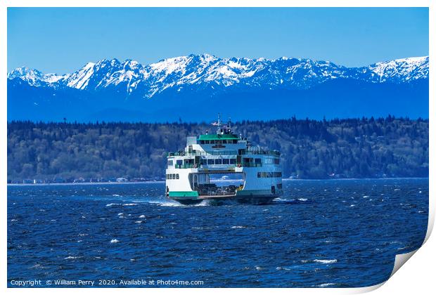 Washington State Ferry Boat Olympic Mountain Range Print by William Perry