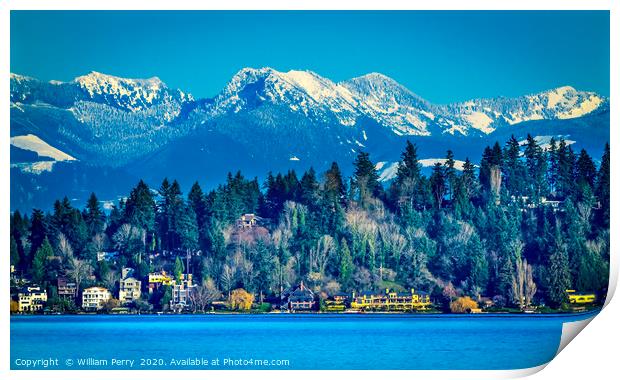 Lake Washington Snow Capped Mountains Bellevue Was Print by William Perry