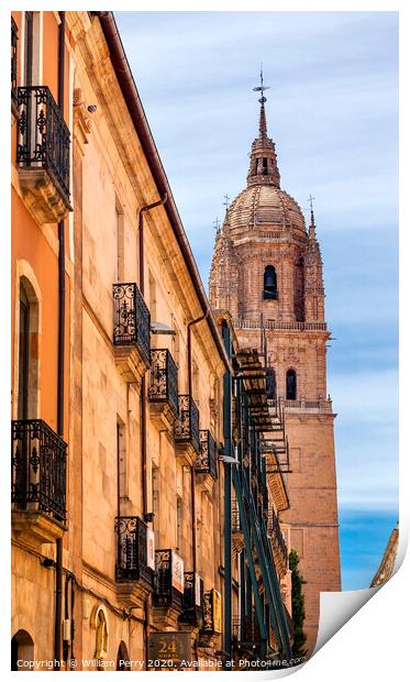 Stone Tower New Salamanca Cathedral City Street Salamanca Castile Spain Print by William Perry