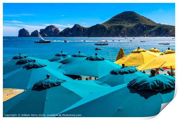 Blue Umbrellas Beach Restaurants Boats Cabo San Lucas Mexico Print by William Perry