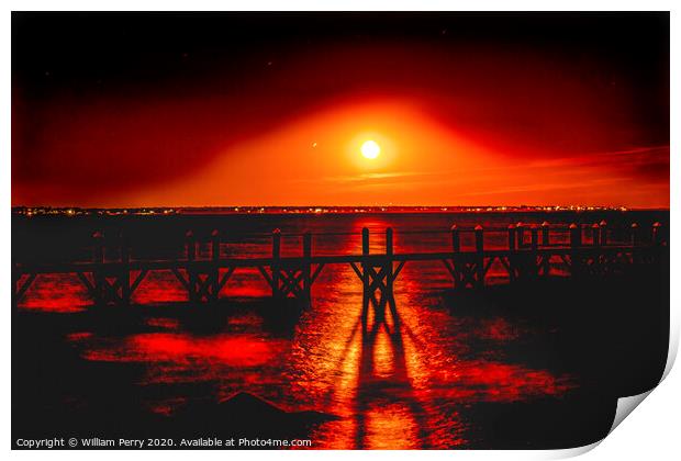 Colorful Red Moon Night Pier Padanaram Dartmouth Massachusetts Print by William Perry