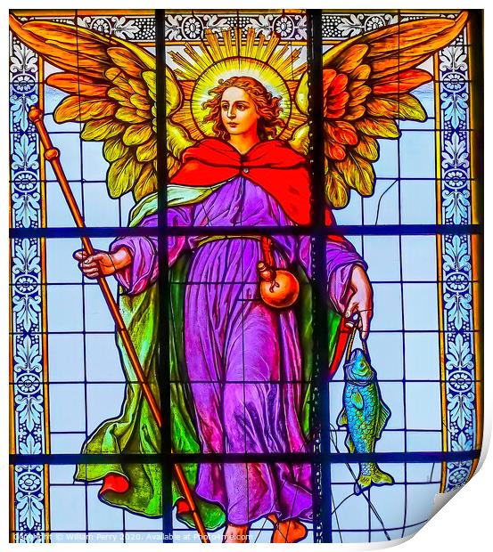 Archangel Raphael Stained Glass Puebla Cathedral Mexico Print by William Perry