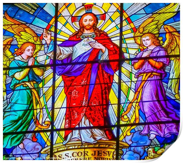 Coloful Jesus Resurrection Archangels Stained Glass Puebla Cathedral Mexico Print by William Perry