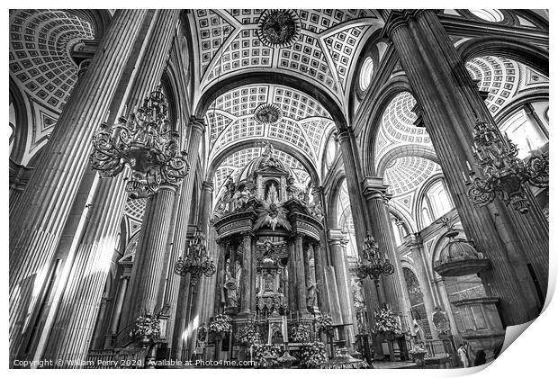 Black and White Basilica Altar Ornate Ceiling Puebla Cathedral M Print by William Perry
