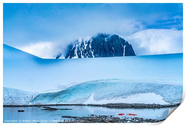 Red Kayaks Iceberg Snow Mountains Blue Glaciers Damoy Point Anta Print by William Perry