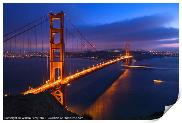 Golden Gate Bridge at Night with Boats San Francisco California Print by William Perry