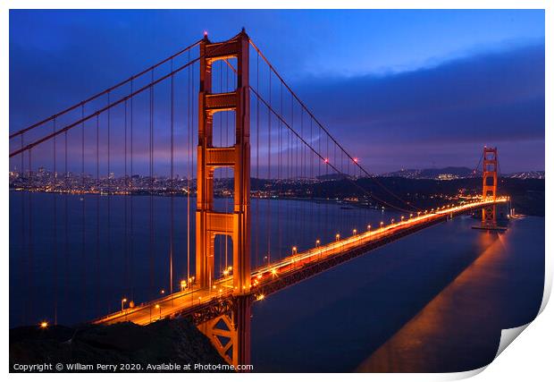 Golden Gate Bridge Sunset Pink Skies Evening with Lights of San Print by William Perry