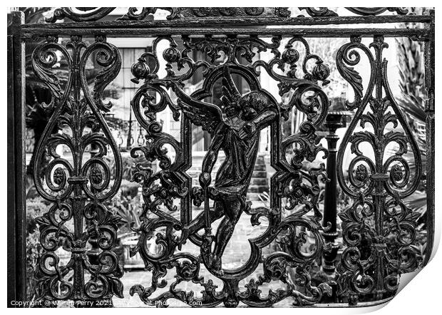 black White Iron Gate Garden District New Orleans Louisiana Print by William Perry