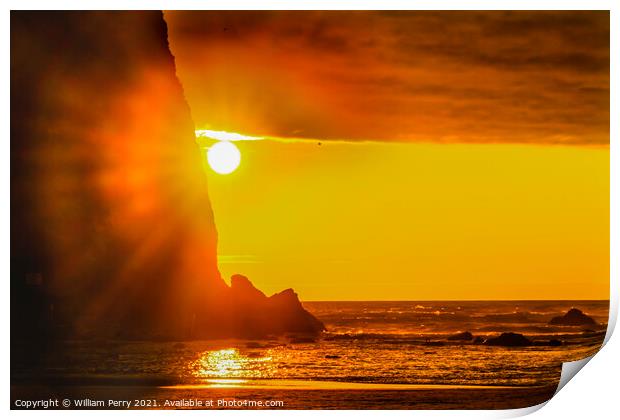Colorful Sun Rays Haystack Rock Sea Stack Canon Beach Oregon Print by William Perry
