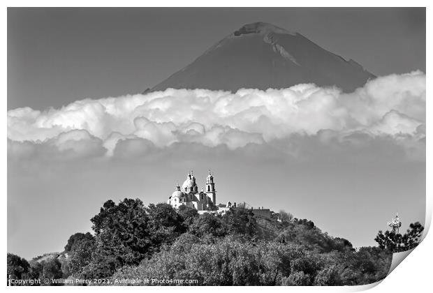Black White Our Lady Remedies Church Volcano Cholulu Puebla Mexi Print by William Perry