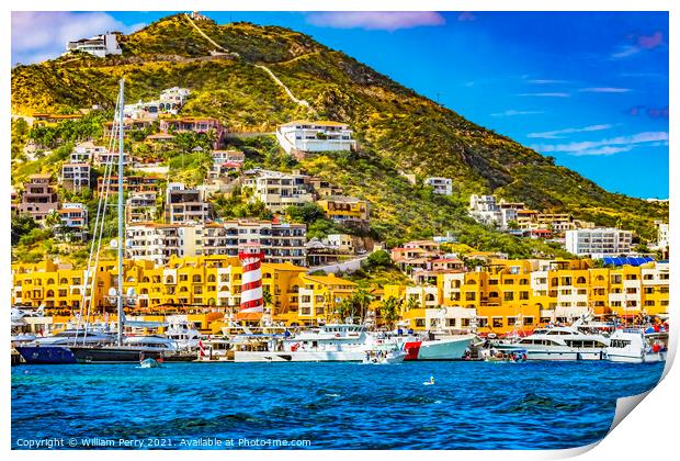 Lighthouse Yachts Boats Marina Central Stores Cabo San Lucas Mex Print by William Perry