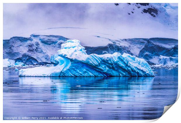 Snowing Floating Blue Iceberg Reflection Paradise Bay Antarctica Print by William Perry