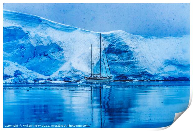 Sailboat Icebergs Glacier Snow Mountains Paradise Bay Antarctica Print by William Perry