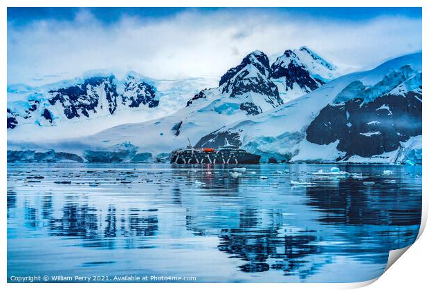 Cruise Ship Blue Glacier Snow Mountains Paradise Bay Antarctica Print by William Perry